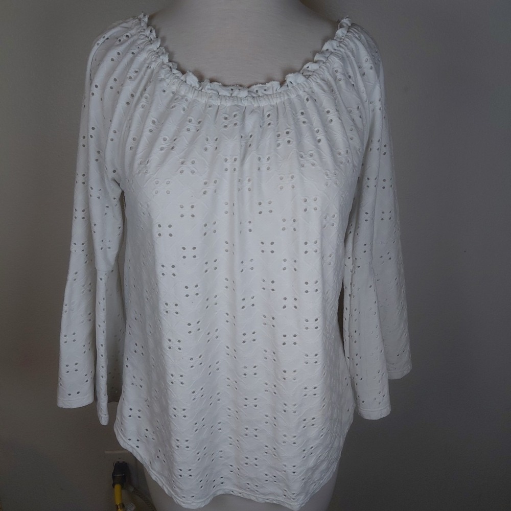 Ava & Grace Women's Stretch Lined 3/4 Bell Sleeve Eyelet Lace Top  Small White